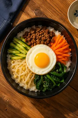 Colorful Korean Bibimbap Rice Bowl Overhead