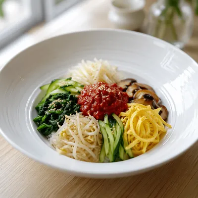Colorful Bibimbap Bowl Overhead Food Portrait