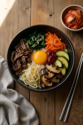 Overhead Bibimbap Rice Bowl with Toppings