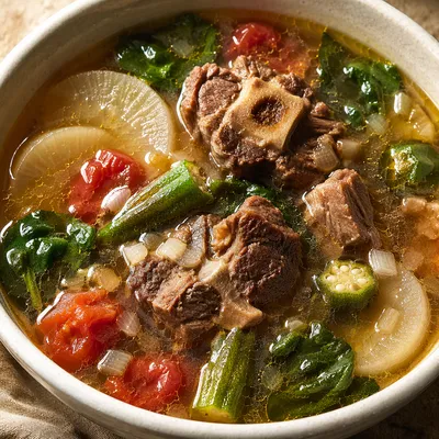 Steaming Homemade Beef Soup with Vegetables