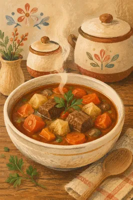 Steaming Beef Vegetable Soup in Rustic Bowl