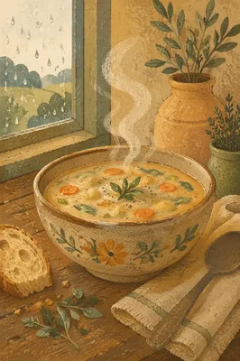 Steaming Rustic Vegetable Soup by Window