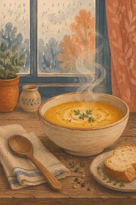 Steaming Golden Soup by Rainy Window