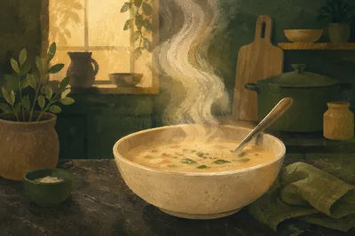 Steaming Creamy Soup in Cozy Kitchen