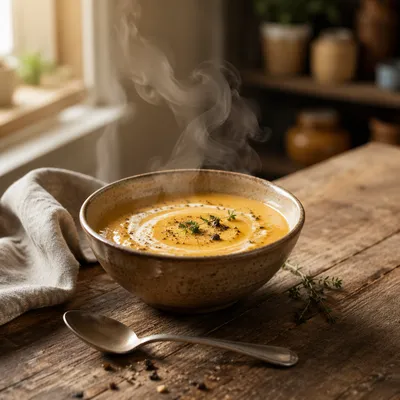 Steaming Creamy Soup on Rustic Table