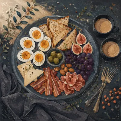 Overhead Rustic Breakfast Platter With Coffee