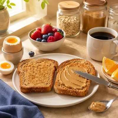 Warm Overhead Breakfast with Toast and Coffee
