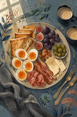Overhead Breakfast Spread with Eggs and Coffee