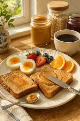 Overhead Breakfast Spread with Toast and Coffee
