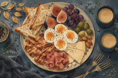 Overhead Rustic Breakfast Spread with Coffee