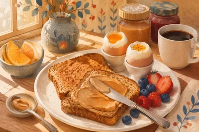 Overhead Breakfast Toast Eggs and Coffee