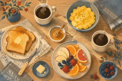 Overhead Weekend Breakfast with Coffee and Fruit