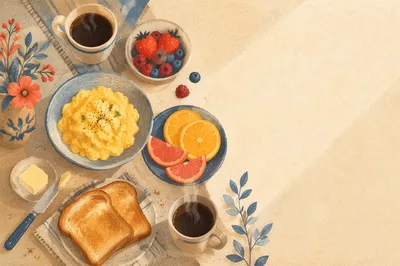 Overhead Rustic Breakfast Spread with Coffee