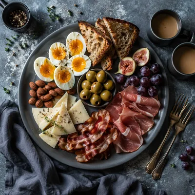 Moody Overhead Breakfast Platter with Coffee