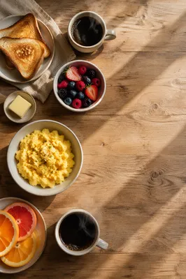 Rustic Overhead Breakfast Spread with Coffee