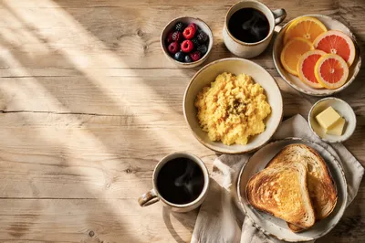 Rustic Overhead Breakfast Spread with Coffee