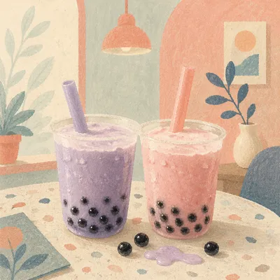 Pastel Bubble Tea Close-Up on Café Table