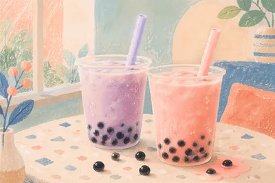 Pastel Bubble Tea Close-Up in Cafe