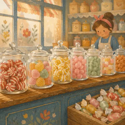 Nostalgic Candy Shop Jars at Sunset