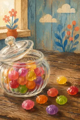 Colorful Candy Jar on Rustic Wooden Counter