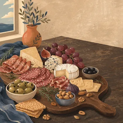 Artisanal Charcuterie Board with Cheese and Olives