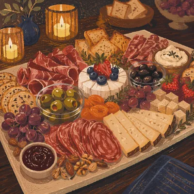 Abundant Charcuterie Board with Cheese and Olives