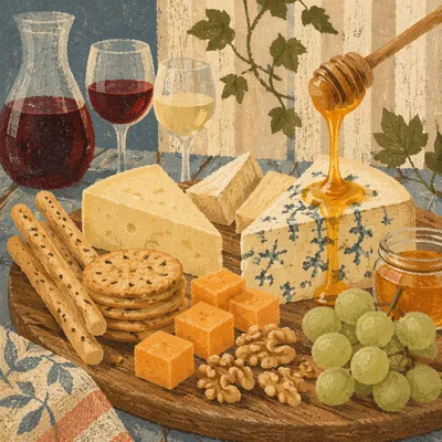 Rustic Cheese Board with Honey and Grapes