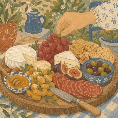 Garden Picnic Cheese Board with Grapes and Honey
