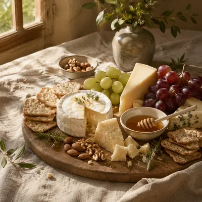 Rustic Cheese Board with Grapes and Honey