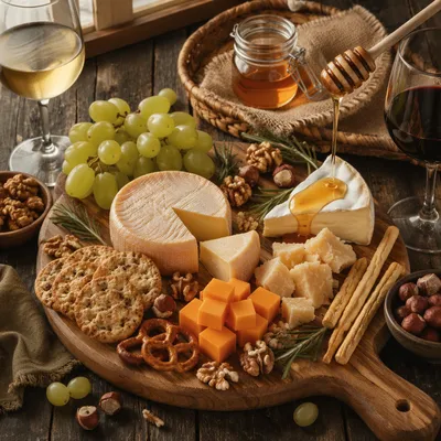Rustic Cheese Board with Honey and Grapes