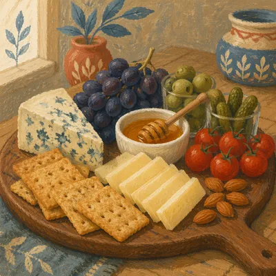 Rustic Cheese Board with Honey and Grapes