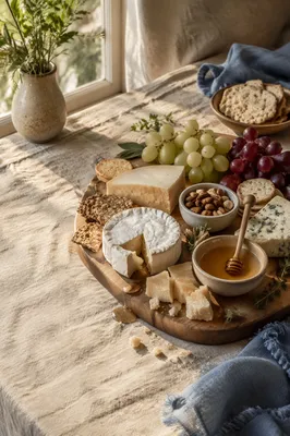 Rustic Cheese Board with Grapes and Honey