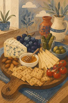 Rustic Cheese Board with Honey and Grapes