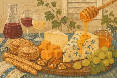 Rustic Cheese Board with Honey and Grapes
