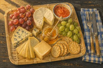 Rustic Cheese Board with Grapes and Honey