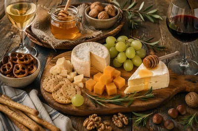 Rustic Cheese Board with Honey and Grapes
