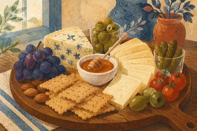 Abundant Cheese Board with Honey and Grapes