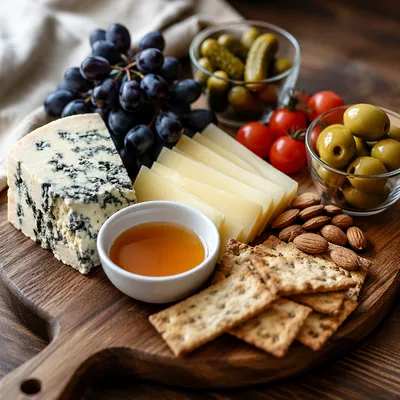 Abundant Cheese Board with Honey and Grapes