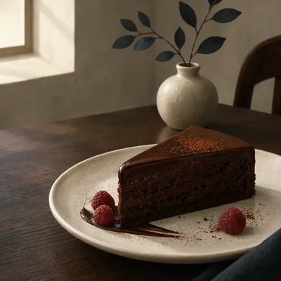 Elegant Chocolate Cake Slice on Porcelain Plate