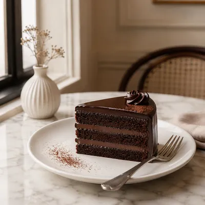 Elegant Chocolate Cake Slice on White Plate