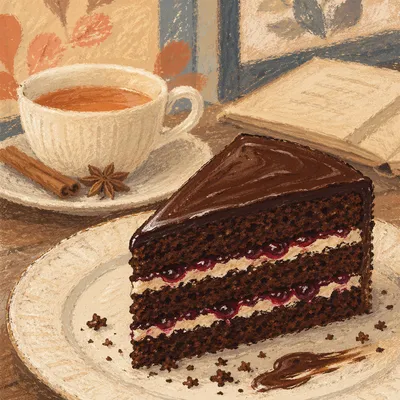 Elegant Chocolate Cake Slice with Tea