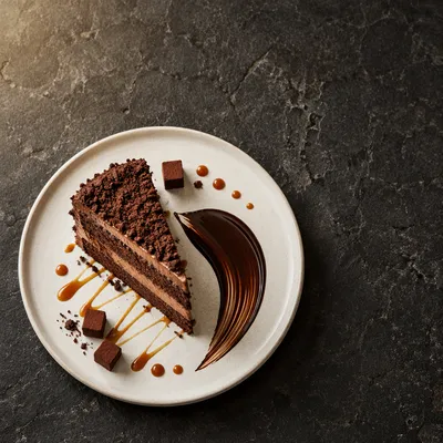 Elegant Chocolate Cake Slice Overhead Plate