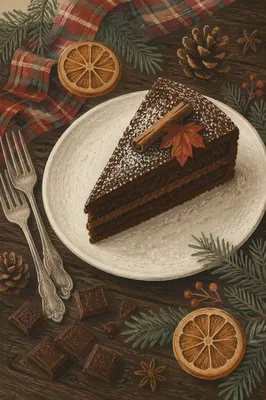 Elegant Chocolate Cake Slice with Autumn Accents