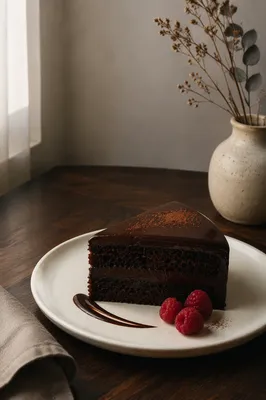 Elegant Chocolate Cake Slice on Porcelain Plate