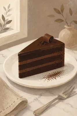 Elegant Chocolate Cake Slice on White Plate