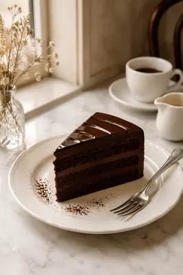 Elegant Chocolate Cake Slice on White Plate