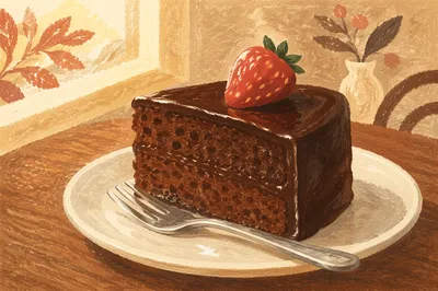 Elegant Chocolate Cake Slice with Strawberry