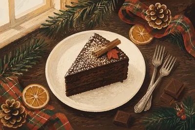 Elegant Chocolate Cake Slice on Rustic Table