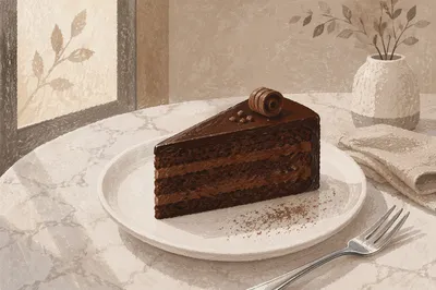 Elegant Chocolate Cake Slice on Porcelain Plate