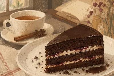 Elegant Chocolate Cake Slice with Tea